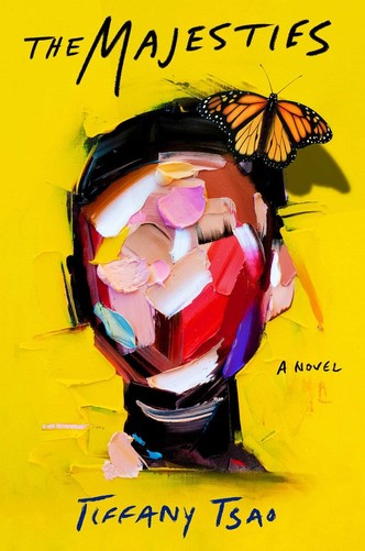 A bright yellow book cover featuring an artwork: a portrait of a face whose features consist of thickly laid brushstrokes, with a monarch butterfly adorning her hair. 