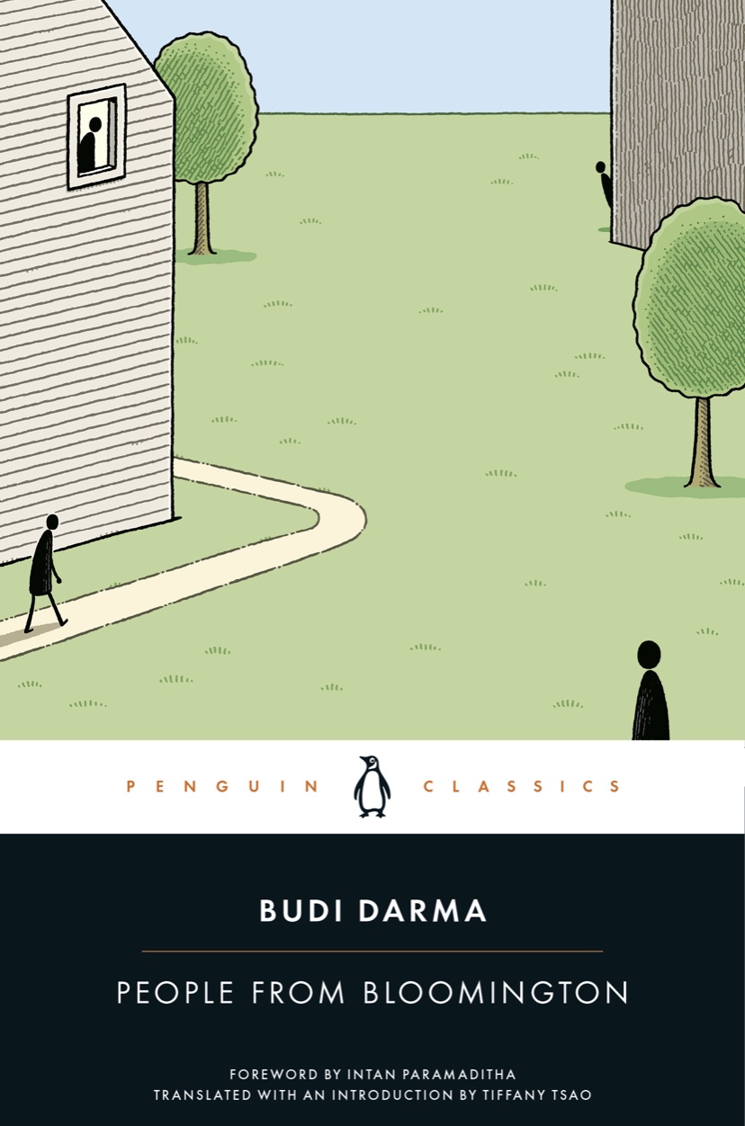 A book cover, featuring a cartoon. A large green field with a house and some trees, around which a few isolated black stick figures roam.